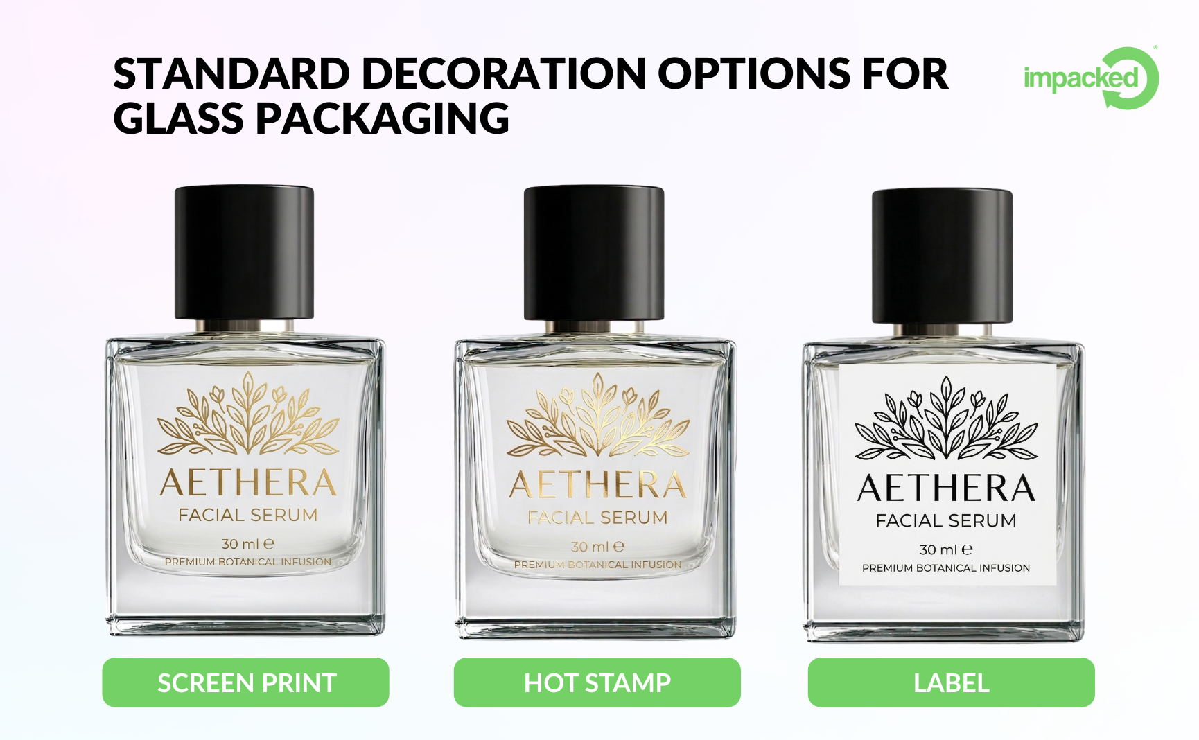 Glass cosmetic packaging decoration techniques including screen printing, hot stamping, decals, and embossing options