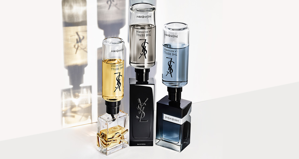 YSL refillable fragrance bottles showcasing luxury glass packaging with sustainable refill system