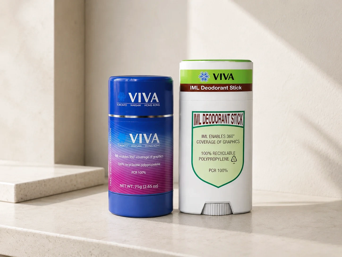 Viva refillable deodorant cartridge system with round stick options