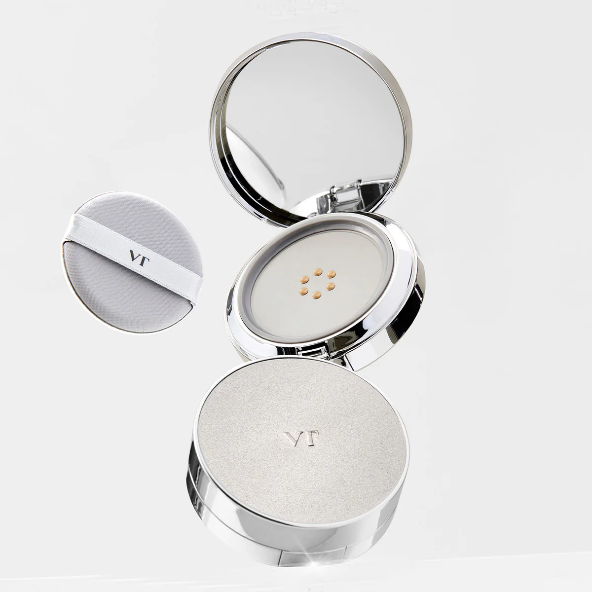 VT Cosmetics Reedle Shot Synergy Cushion featuring tension cushion metal plate technology for skincare-infused foundation