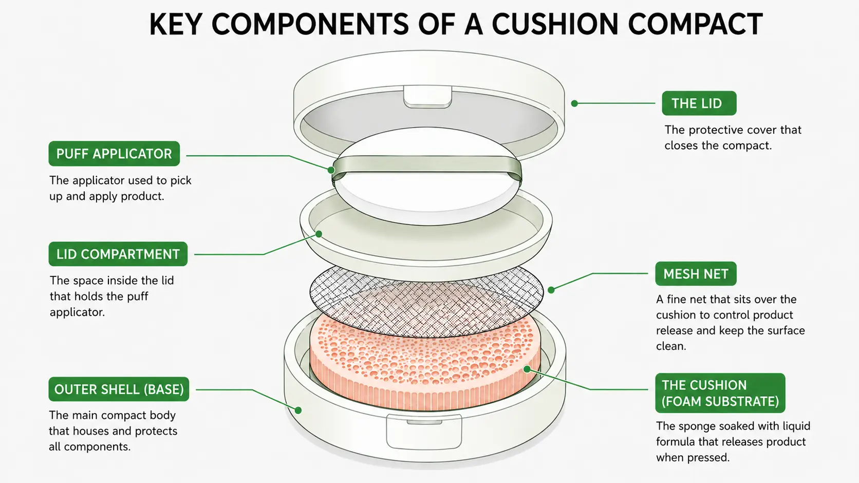 Diagram of cushion compact components showing cushion foam sponge, mesh net, puff applicator, and compact case assembly