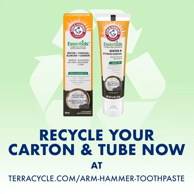 Arm and Hammer toothpaste tube and packaging showing TerraCycle recycling program partnership for oral care waste