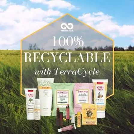 Collection of Burts Bees lip balm tubes makeup compacts and skincare products eligible for Recycle On Us program