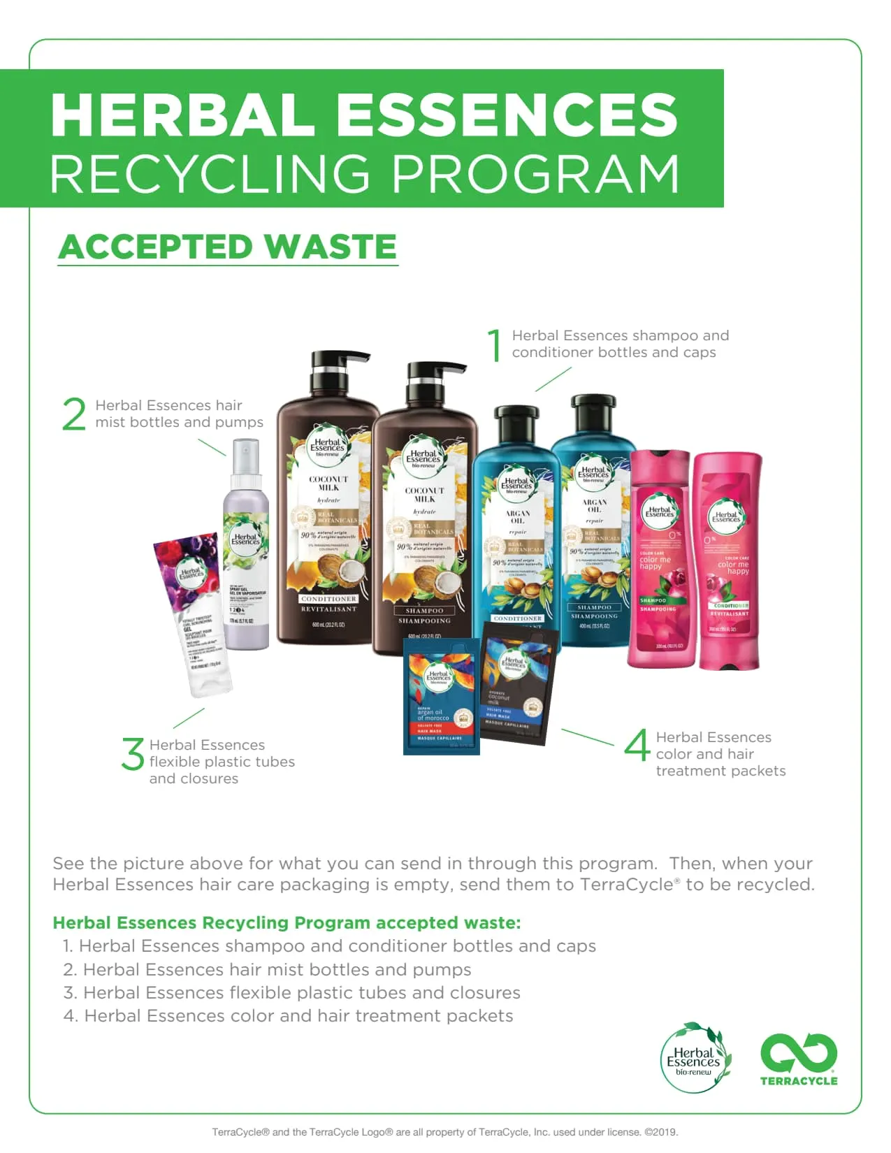 Herbal Essences shampoo bottles caps and pumps eligible for hair care packaging recycling