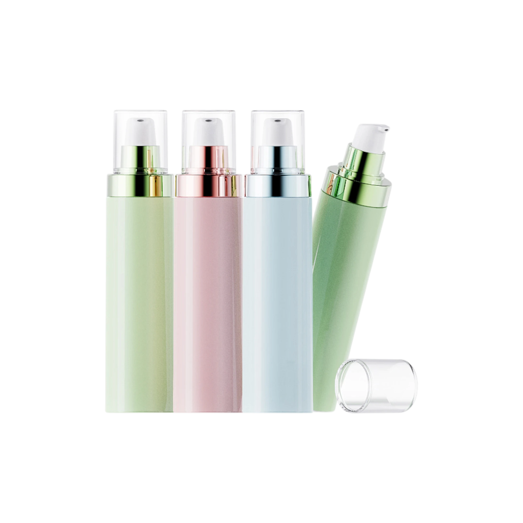 3.4oz / 100ml PETG Cylinder Airless Lotion Pump Bottle with Metallic Collar & Clear Overcap