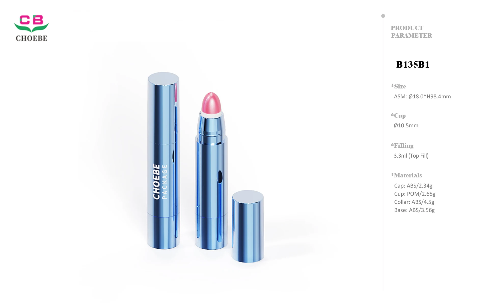 3.3g ABS Twist-Up Slim Cylindrical Chubby Stick with 10.5mm Cup, Rounded Bullet and Metallic Finish 3