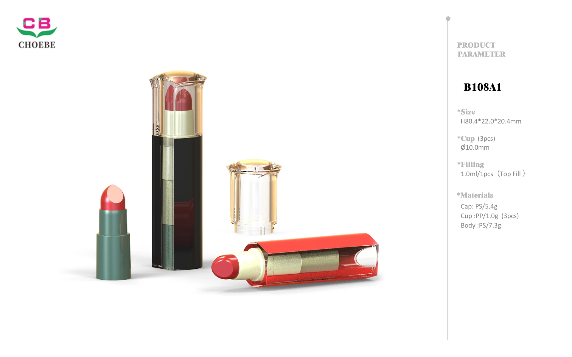 3.0g PS Square Triple-Bullet Lipstick Tube with Clear Cap and 10mm Bottom-Loading PP Bullet Cups 3
