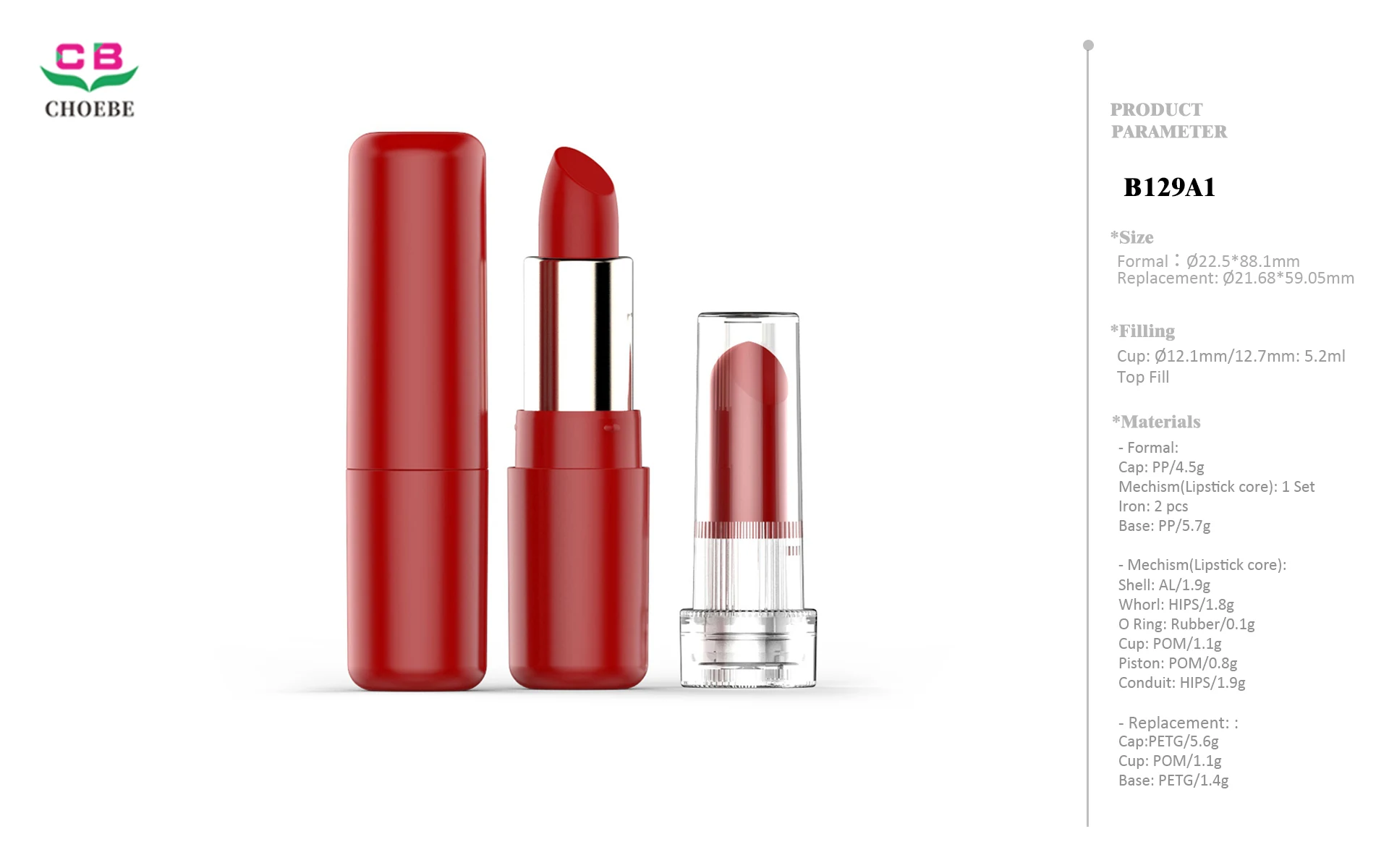 5.2g PP Refillable Iron-Weighted Cylinder Lipstick Tube with Aluminum Shell, Replaceable PET 12.1mm Bullet Cup Cartridge 3