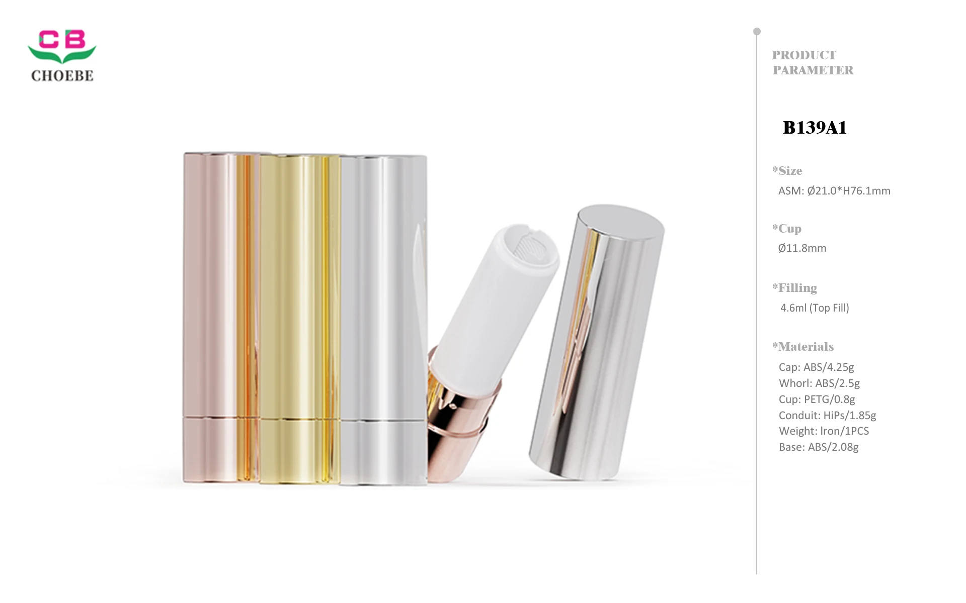4.6g ABS Iron-Weighted Cylinder Lipstick Tube with Electroplated Finish and 11.8mm PETG Bullet Cup 3