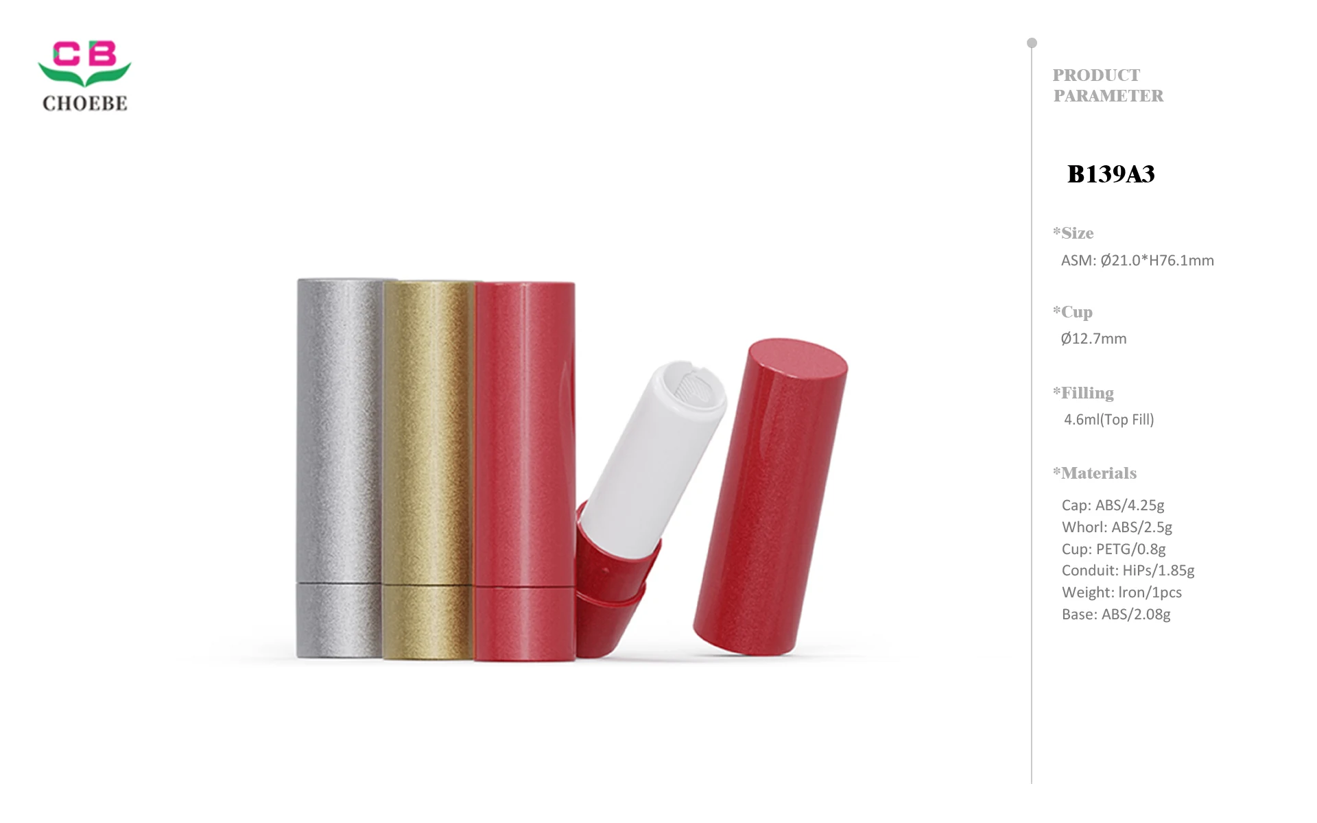 4.6g ABS Iron-Weighted Cylinder Lipstick Tube with 12.7mm PETG Bullet Cup 3