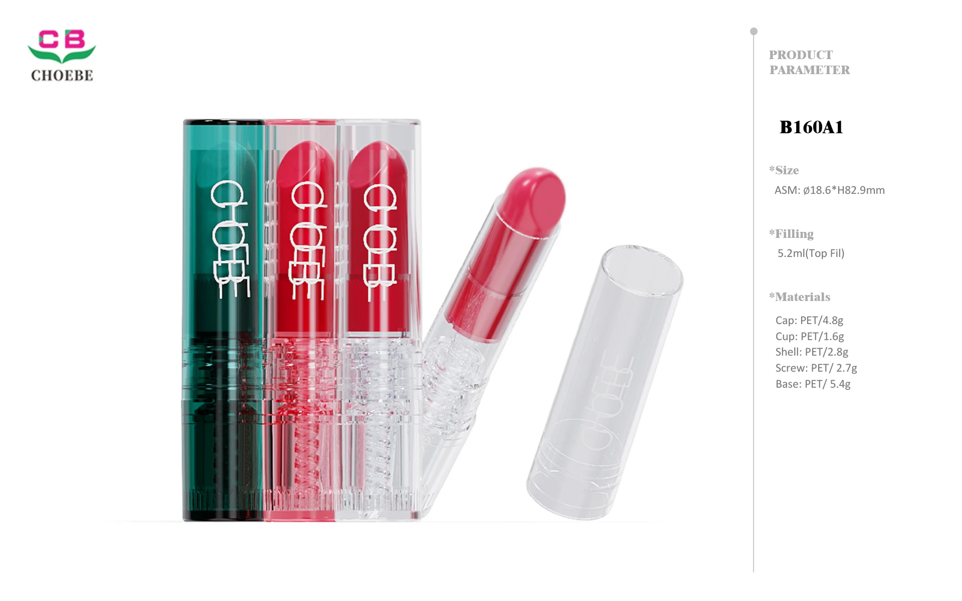 5.2g Monomaterial PET Cylinder Fully Transparent Lipstick Tube with 12.1mm Bullet Cup and Visible Screw Mechanism 3