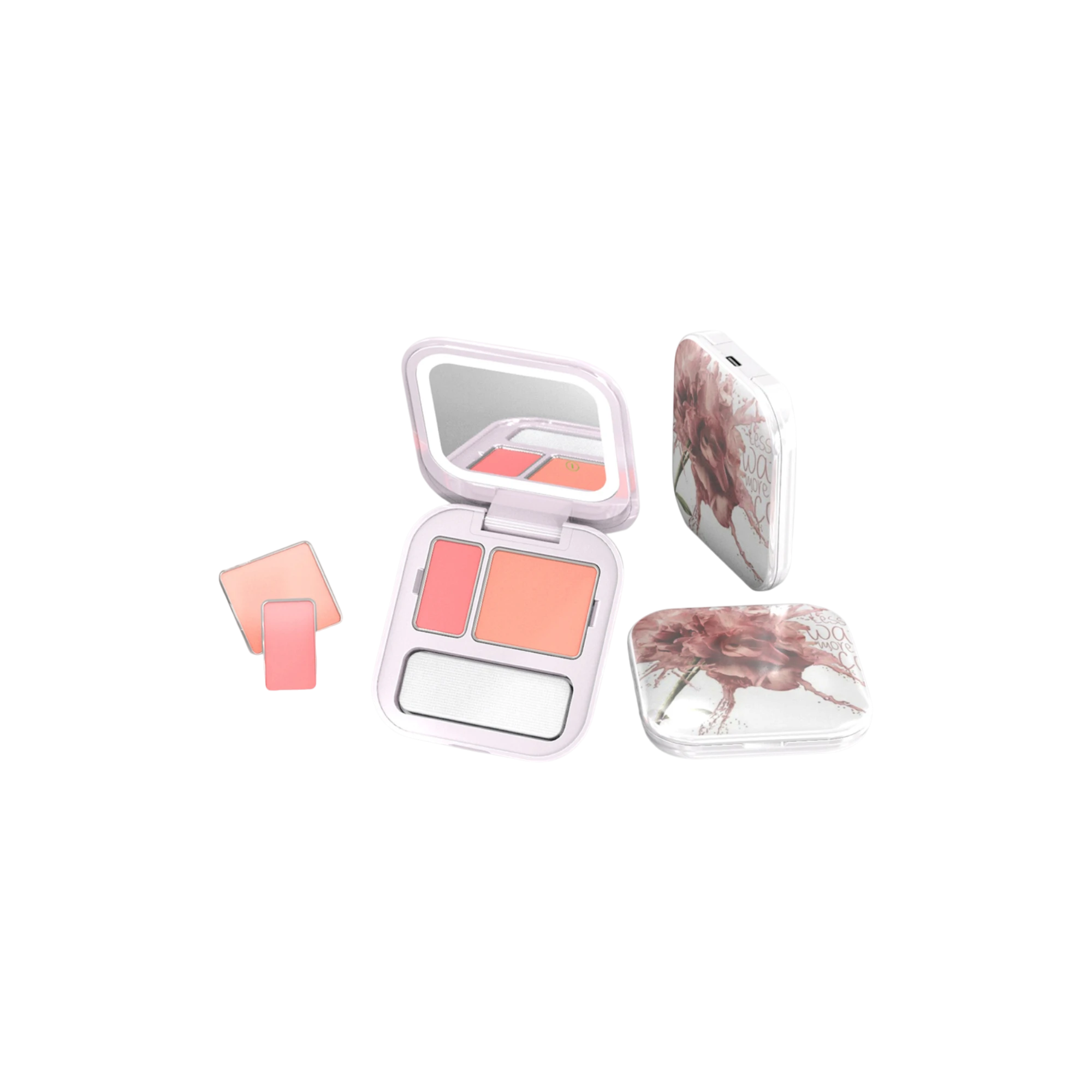 3-Pan Rectangular ABS, PC & Tin Eyeshadow Palette with Removable Tin Wells & Rechargeable LED Ring Light
