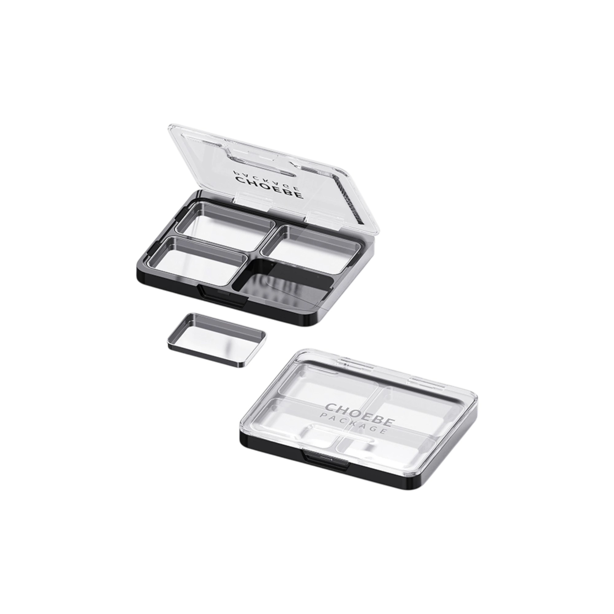 7g 4-Pan Rectangular PS, PET & PP Eyeshadow Palette with Removable Stainless Steel Wells, Clasp & Fully Transparent Lid