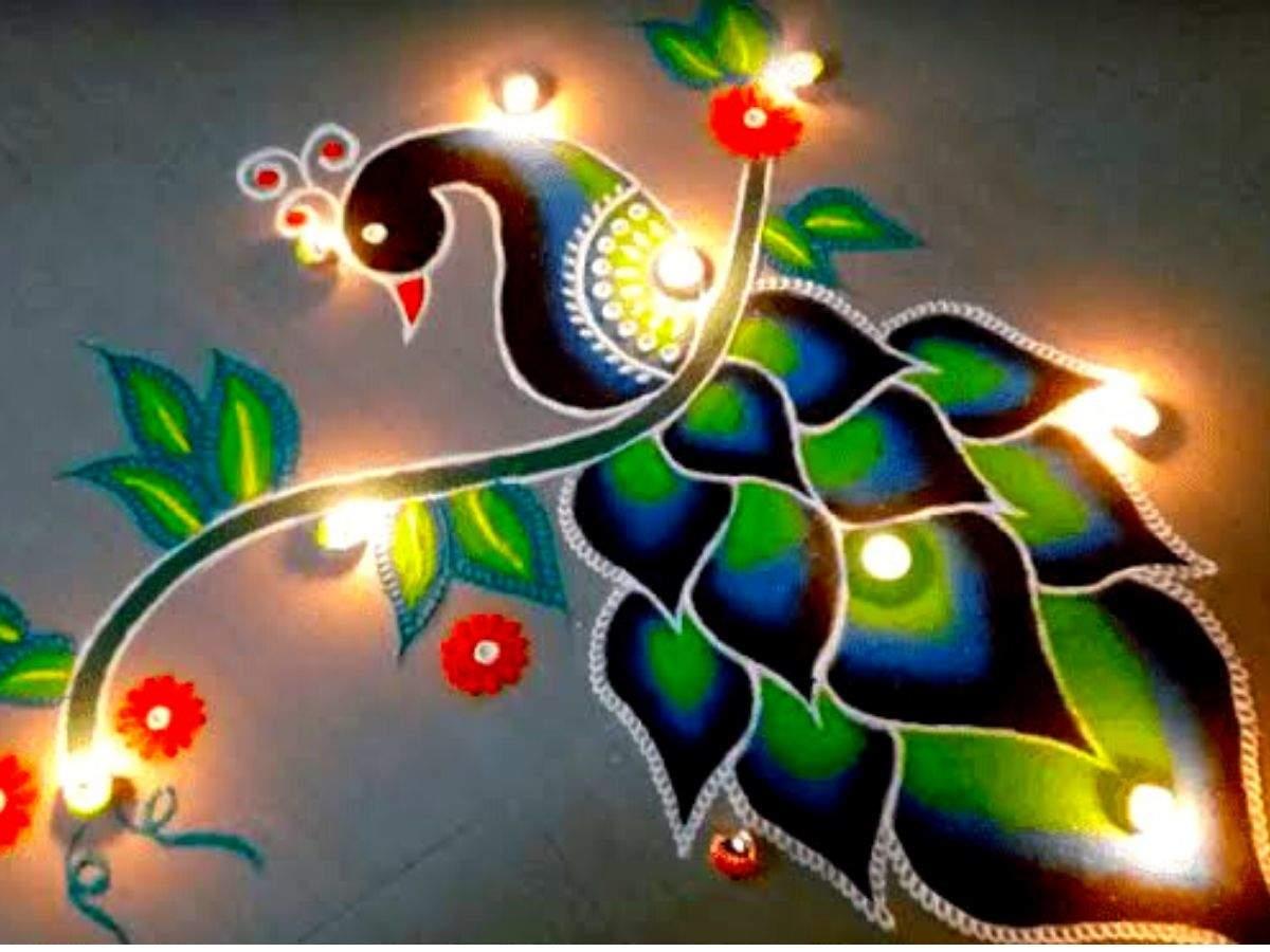 pecock based diwali rangoli design