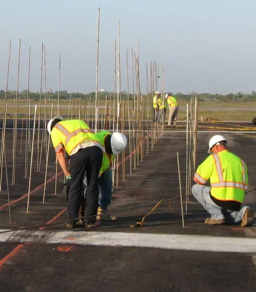 URETEK technicians drilling array of holes in pavement with tall rods sticking out