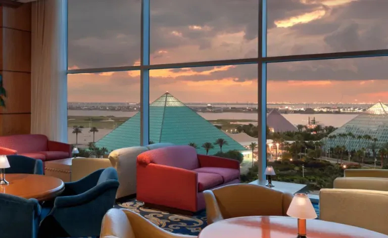 Restaurant window with sunset in background