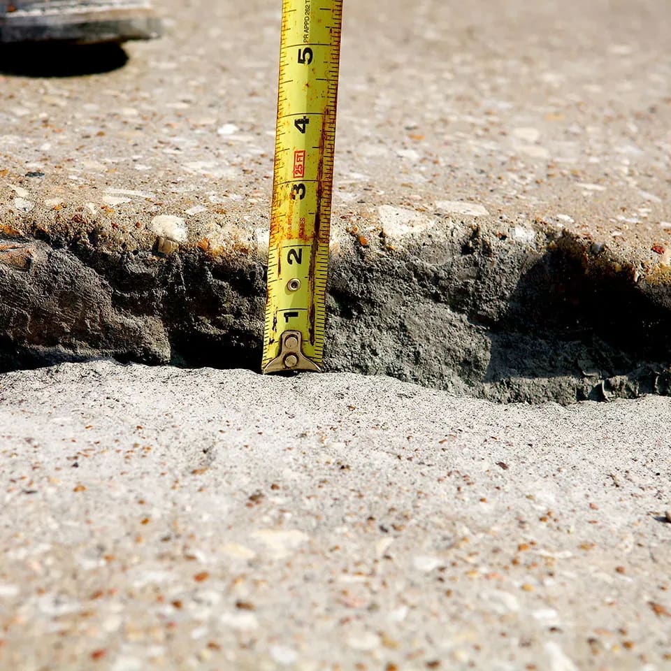 Tape measure measuring crack in concrete pavement