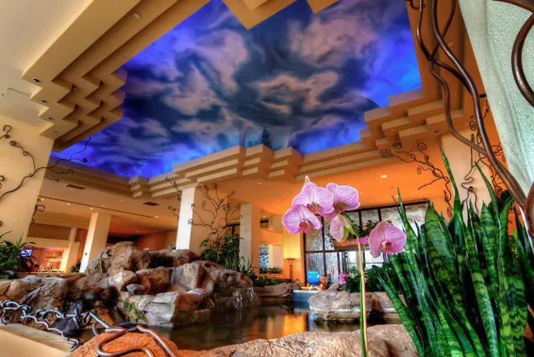 Hotel lobby with tall ceiling