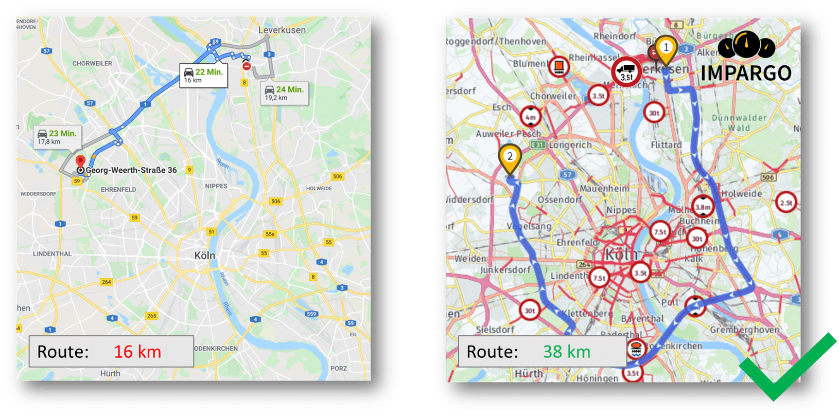Porównanie tras: różnice w obliczaniu kilometrów między trasą dla ciężarówki (IMPARGO) a trasą dla samochodu osobowego (Google Maps)