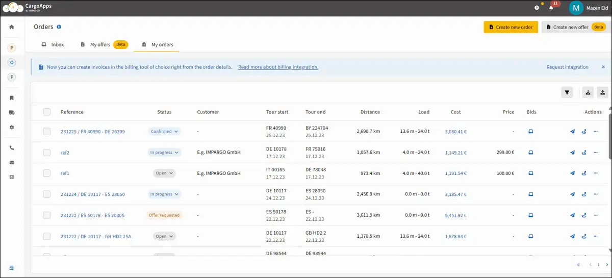 Order Management System for HGV dispatching