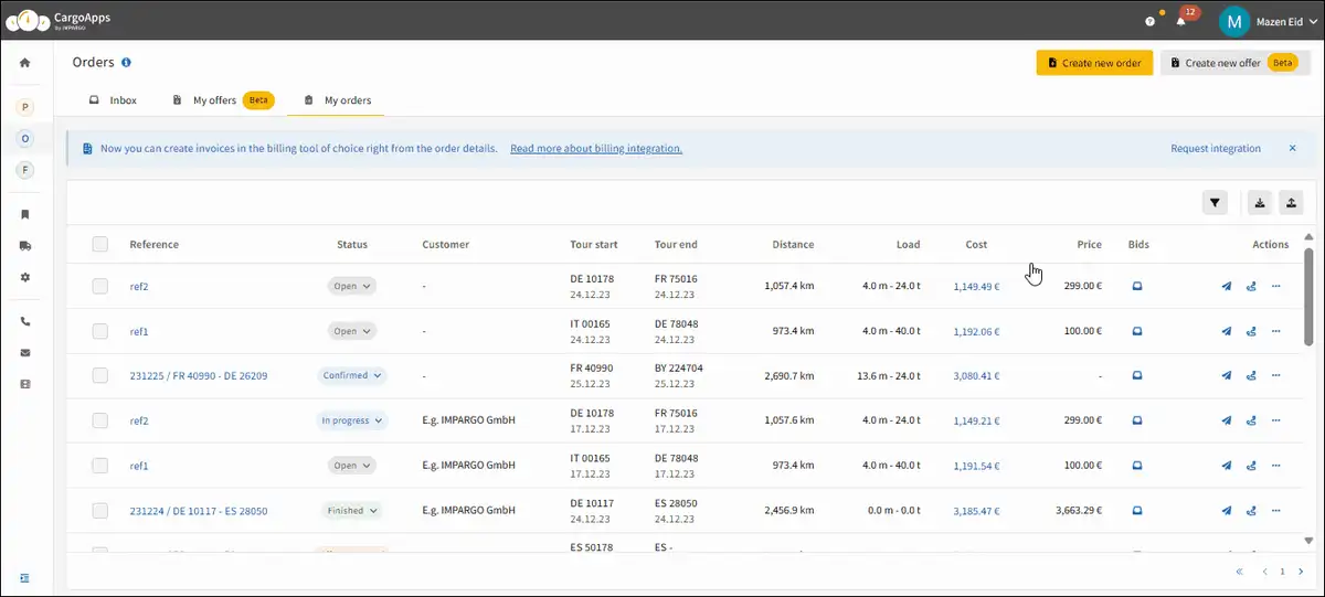 Order Management System for HGV dispatching