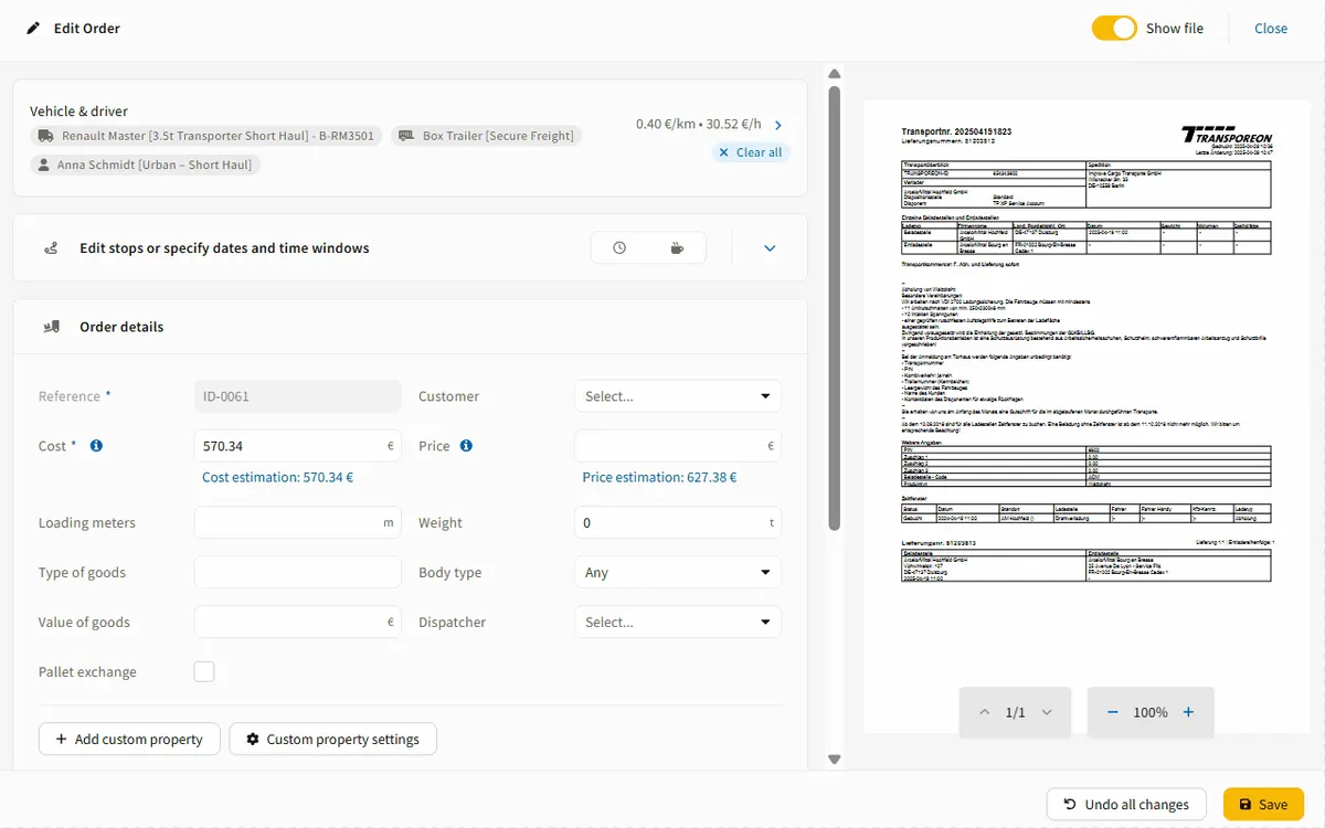 side by side view for AI generated transport order in IMPARGO TMS