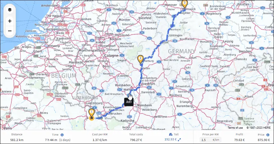 Truck route planner: drag and drop via points to adapt route