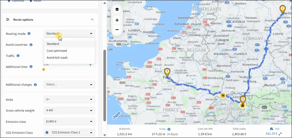 Truck route planner: choosing routing mode in IMPARGO Planner Module