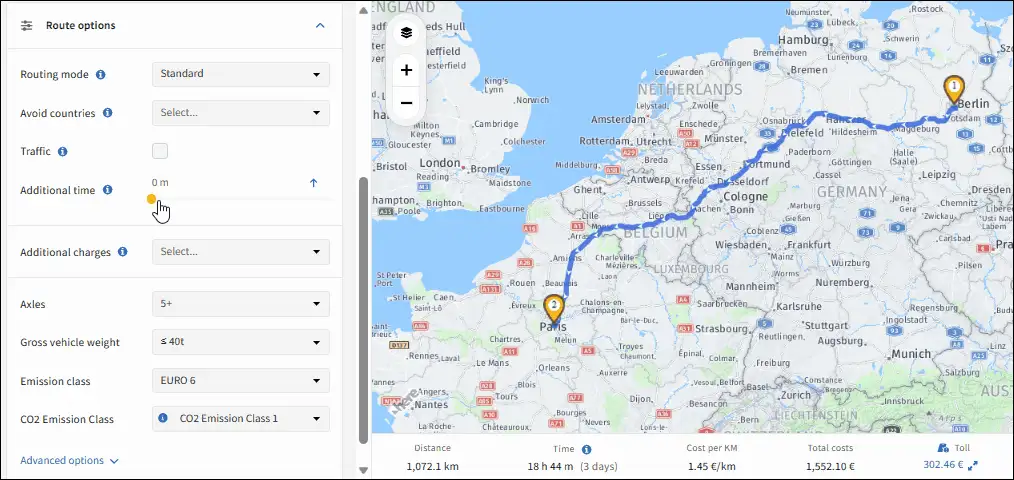 Truck route planner: additional time per tour for the full operational day