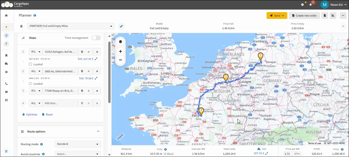 Truck route planner: additional time per stop for loading and unloading