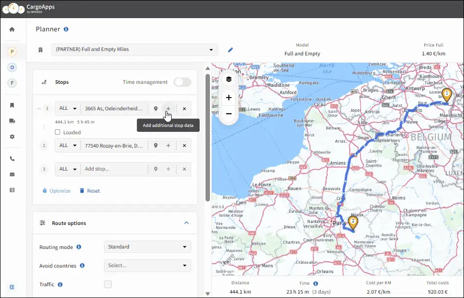 Adjusting stop activity loading unloading parking refuelling in IMPARGO Planner