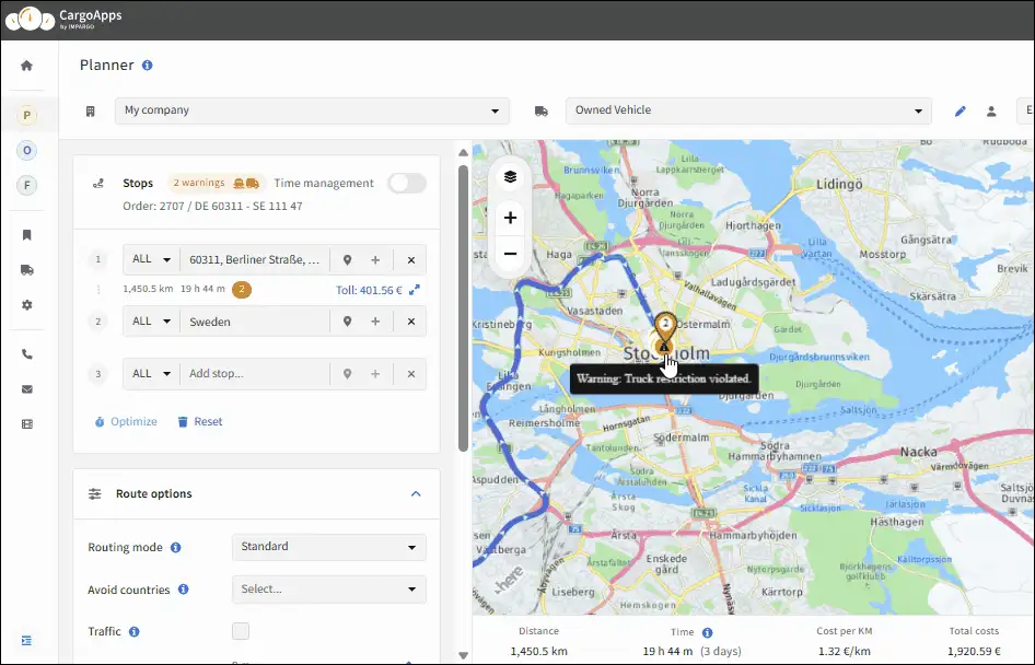 Truck route warning indicators for restrictions unpaved roads and ferry crossings in IMPARGO Planner