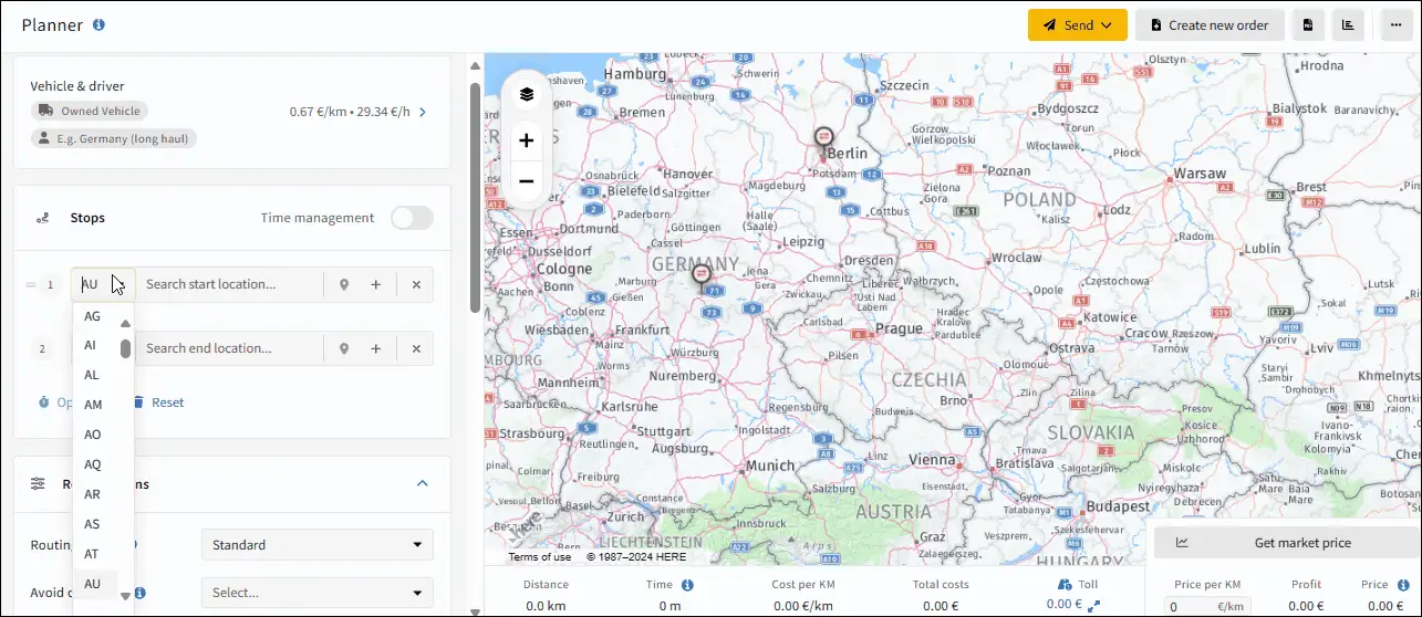 Truck route planner: address search by country code in IMPARGO