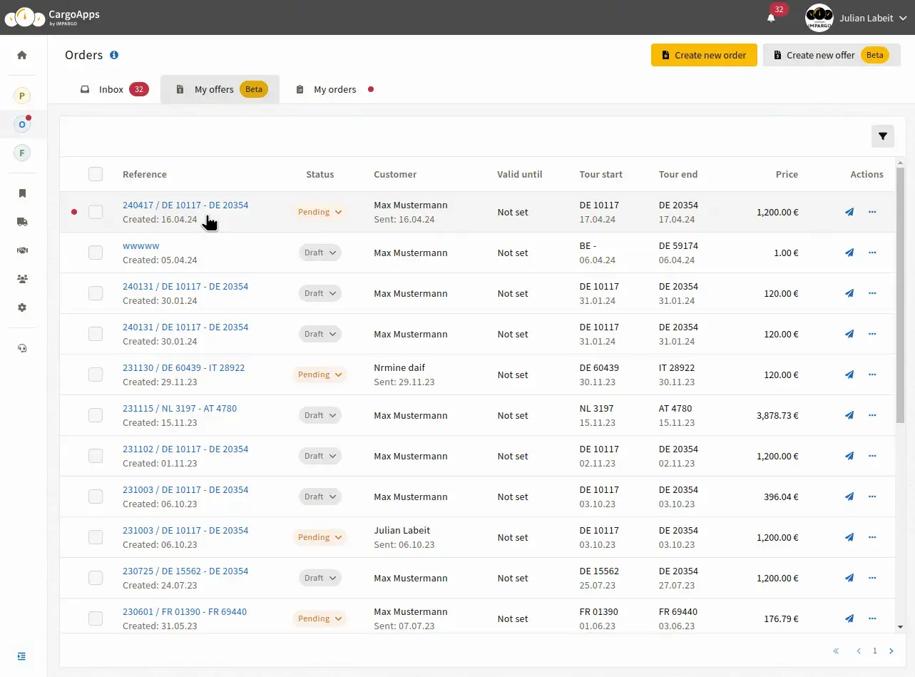 Creating a transport offer PDF in IMPARGO