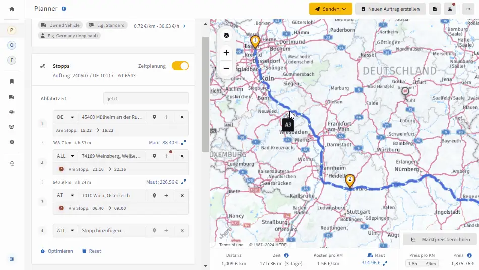 LKW-Routenplaner: Route per Drag and Drop mit Zwischenpunkten anpassen