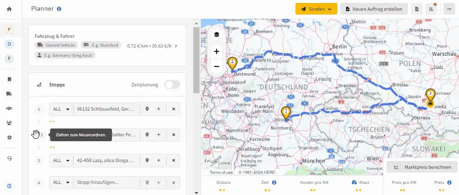 LKW-Routenplaner: Stoppreihenfolge per Drag-Symbol ändern