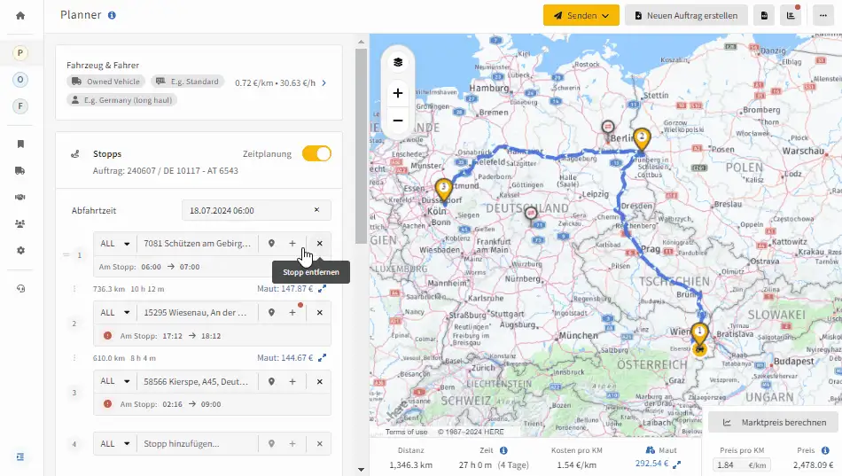 LKW-Routenplaner: Zusätzliche Zeit pro Tour hinzufügen