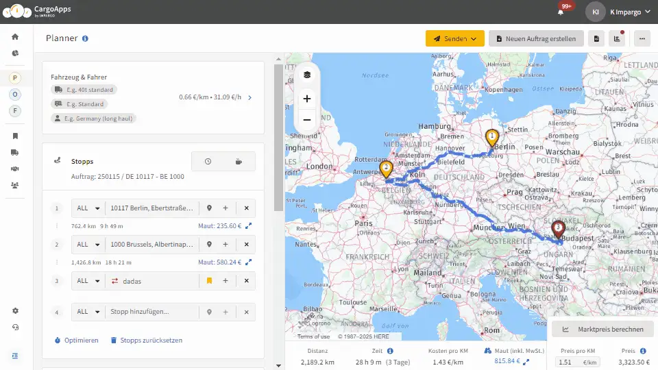 IMPARGO Planner Module zeigt LSVA-3-Mautkalkulation nach Euro-Klasse für eine Schweiz-Route