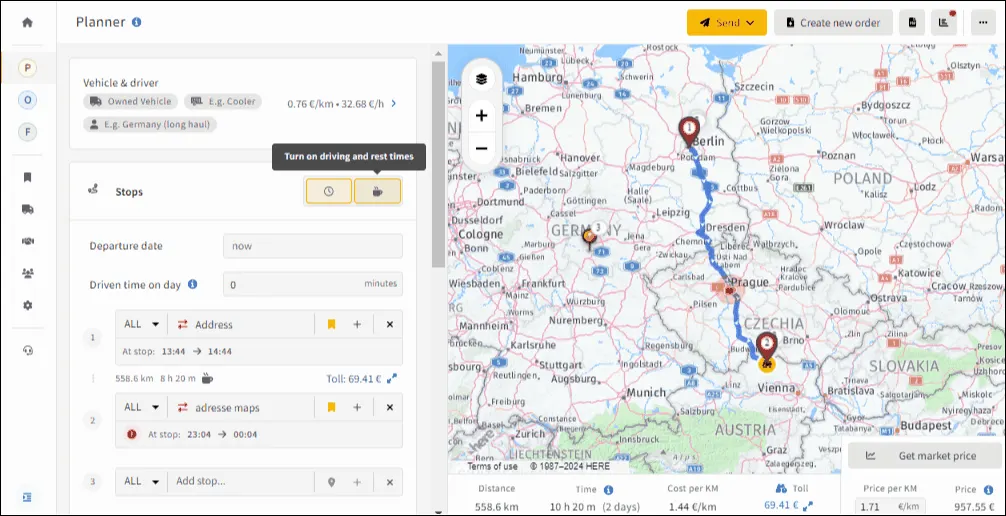 calculate truck driving time with rest times for EU