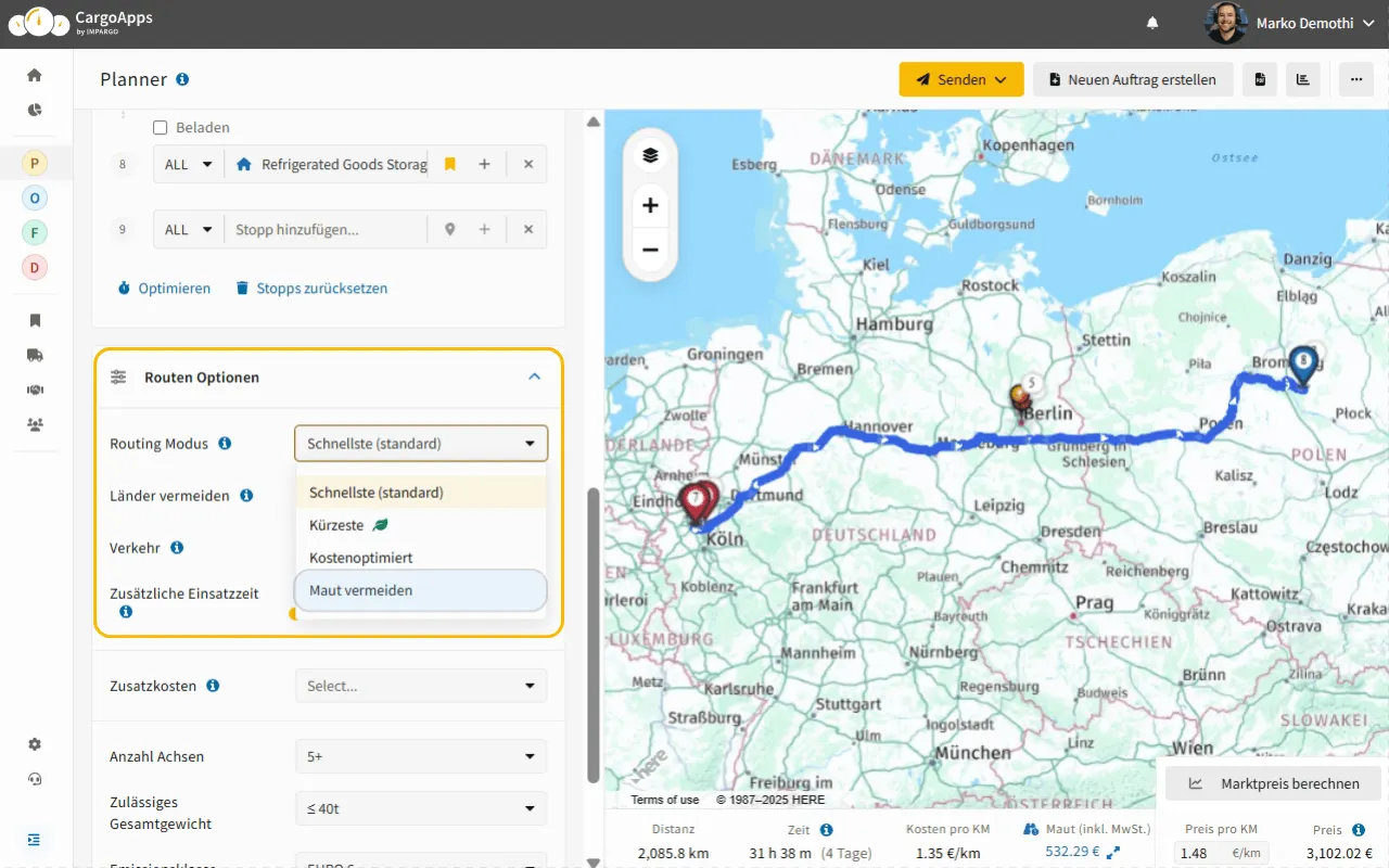 Feld Routing Modus in den Routen Optionen des IMPARGO Planners mit den Werten Schnellste, Kürzeste, Kostenoptimiert und Maut vermeiden