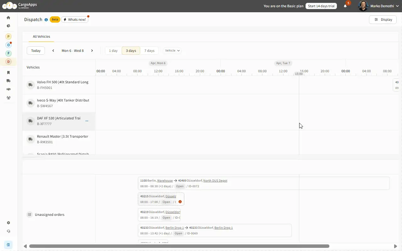 The Dispatch Module showing the Unassigned Orders section below the timeline. The timeline range is adjusted and the panel updates to show only orders within the selected timeframe.