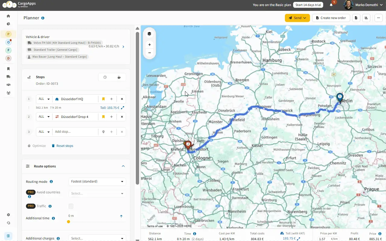 Dispatcher adds a bulk load in IMPARGO TMS and sends it to the driver's mobile app