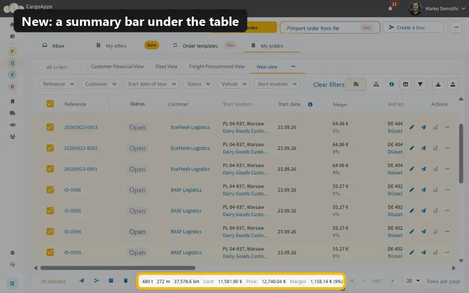 The summary row under the orders table, totalling the selected orders