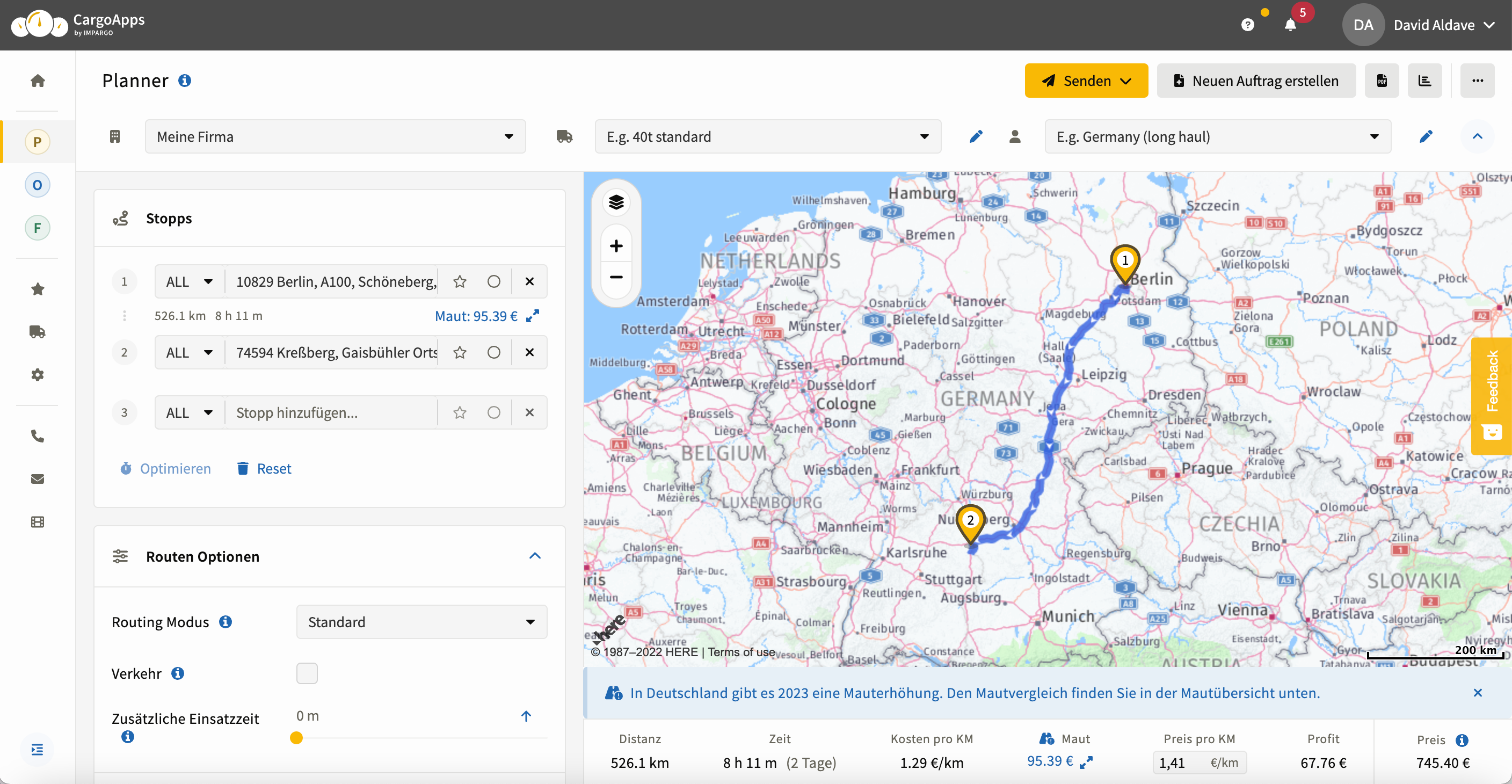 Screenshot of IMPARGO route planner and cargo app