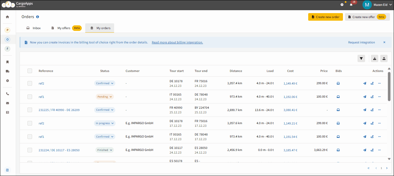 Transport Offer Management System for truck transportation