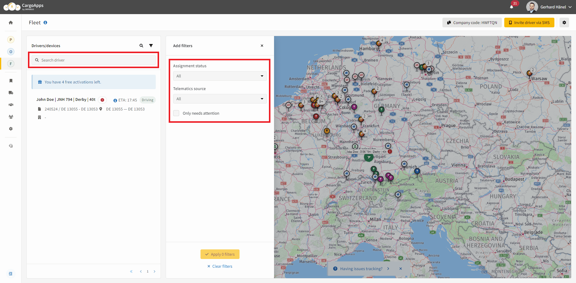 Screenshot der Filterfunktion für Lkw-Fahrer