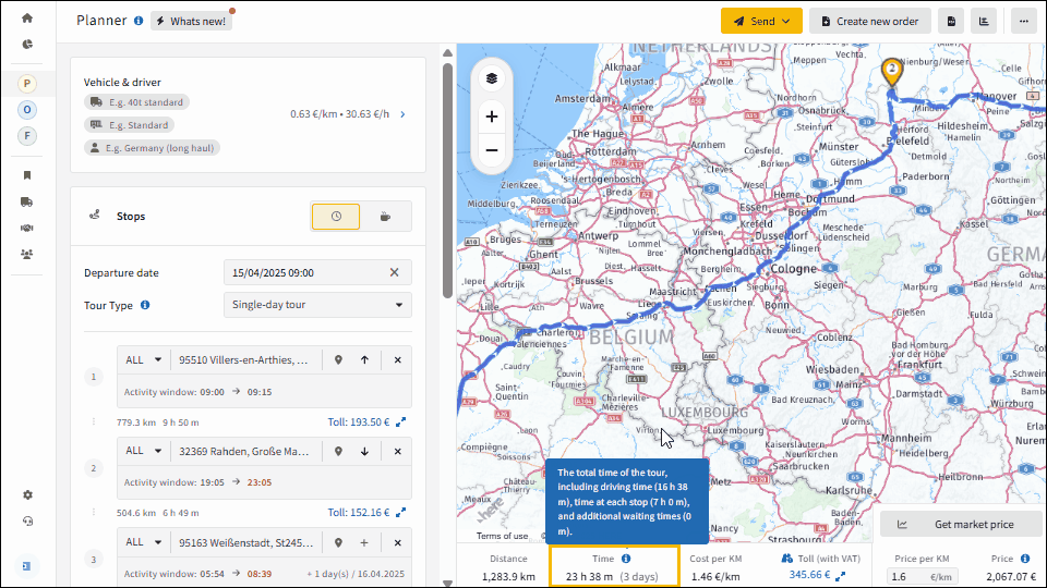 Total tour duration for transport