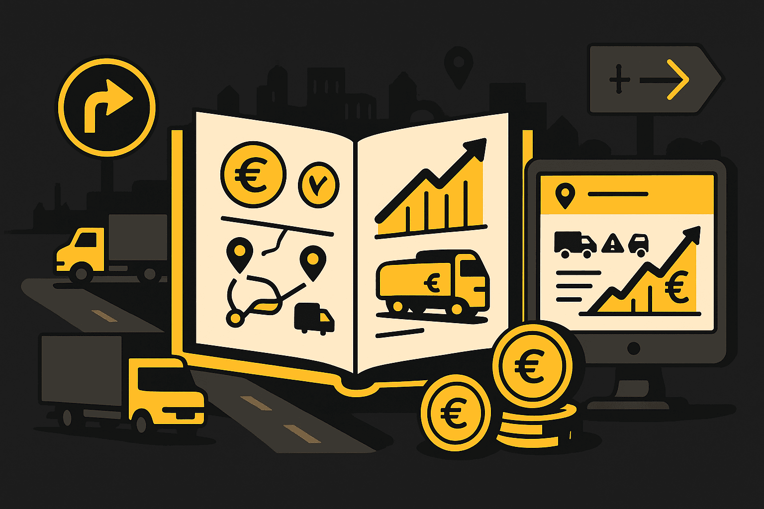 Cyfrowe rozwiązania do redukcji kosztów frachtu i zwiększania zysków, playbook logistyczny, ciężarówka i ilustracja dashboardu.