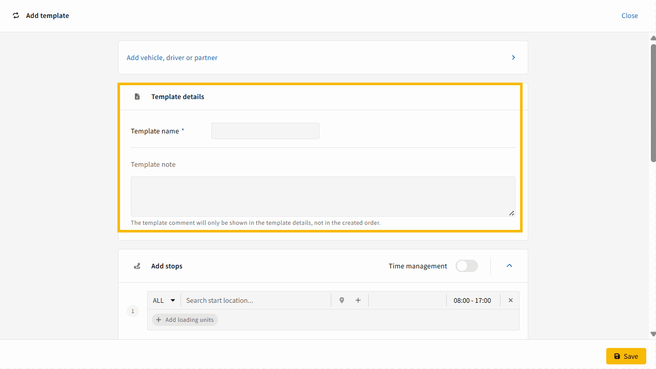 View transport order template form