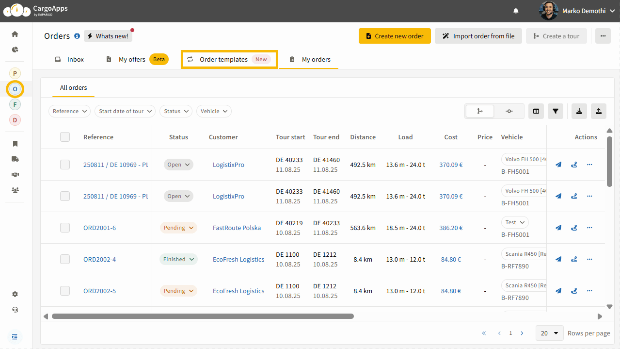 Transport order templates tab